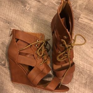 Camel Lace-up Wedge Booties